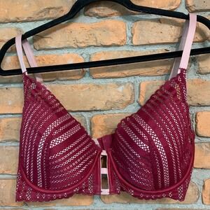 Victoria's Secret Lined Plunge Bra Womens Size 36DD Burgundy Lace Underwire Sexy